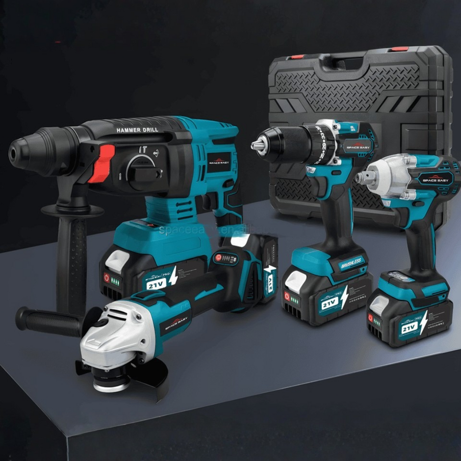 Aku set alata 4u1 Brushless – bušilica, udarni odvijač, kutna brusilica i SDS čekić