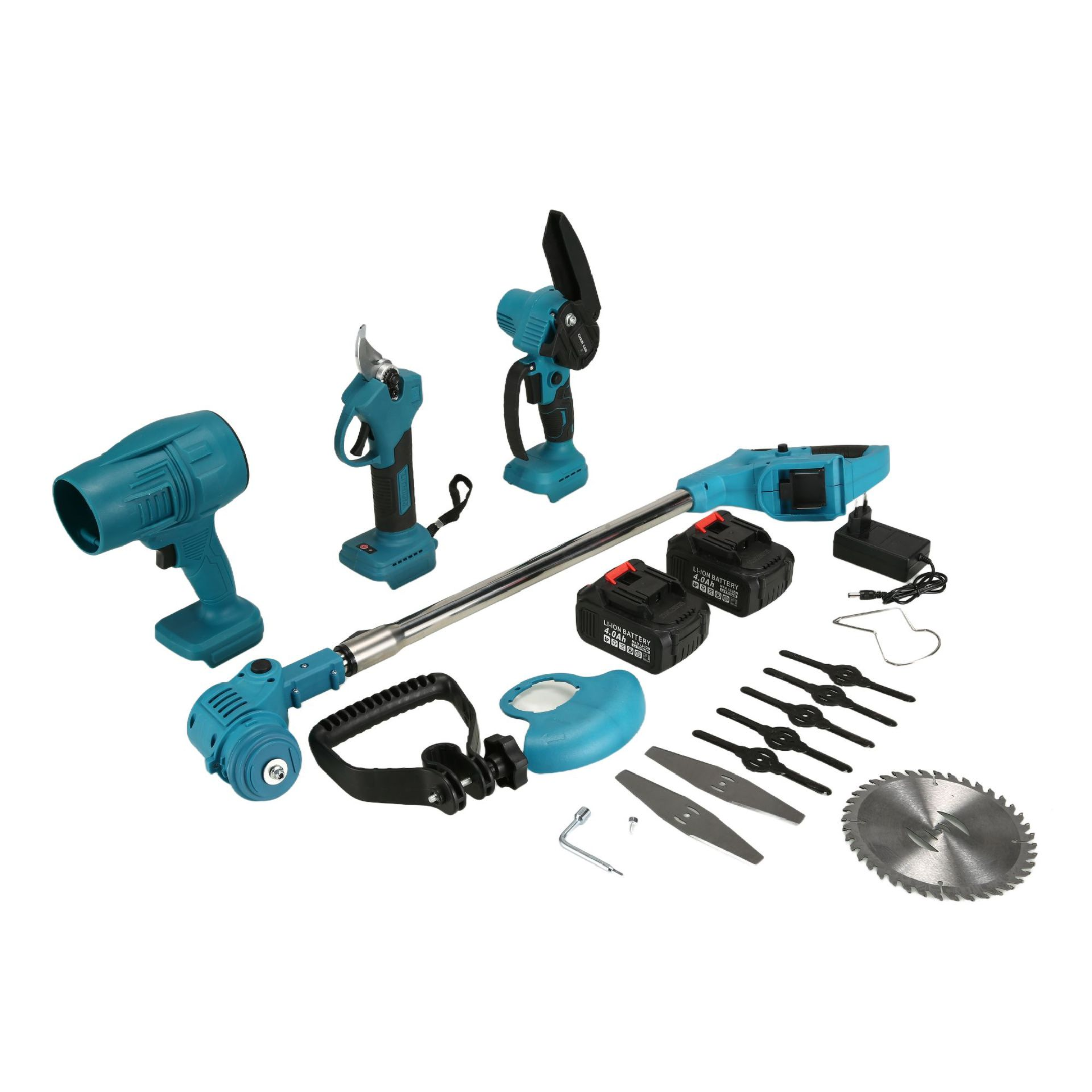 Aku set 4u1 – škare, puhač, trimer i pila sa 2 baterije