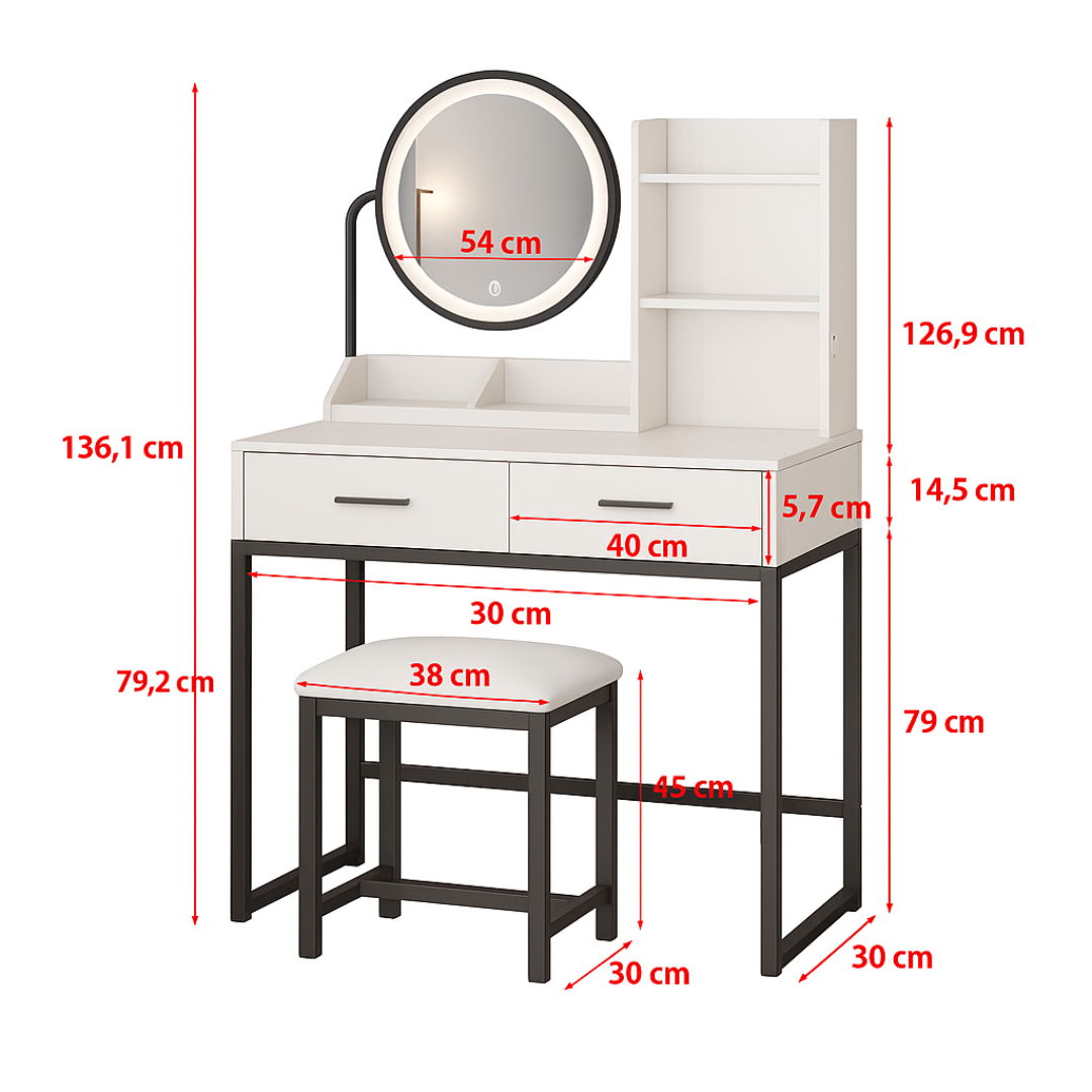 Elegantni bijeli toaletni stolić s LED ogledalom, ladicama i tabureom