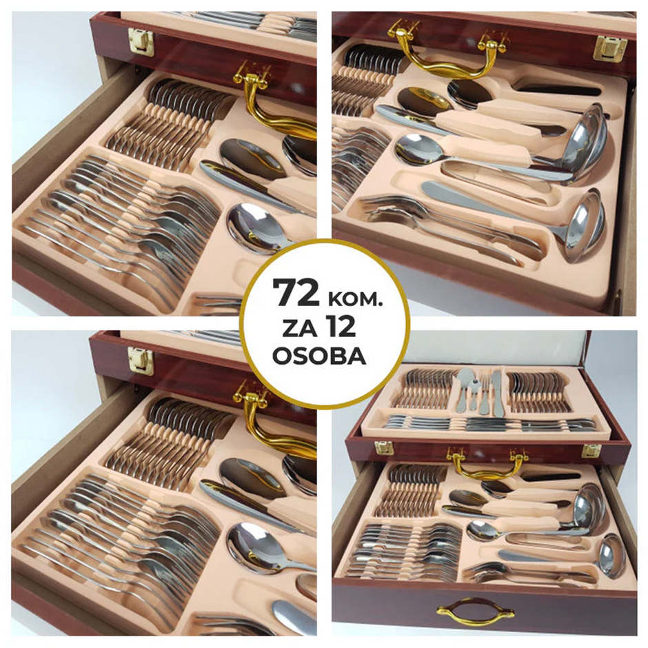 72 DJELNI PRIBOR ZA JELO ZA 12 OSOBA U DRVENOM KOFERU